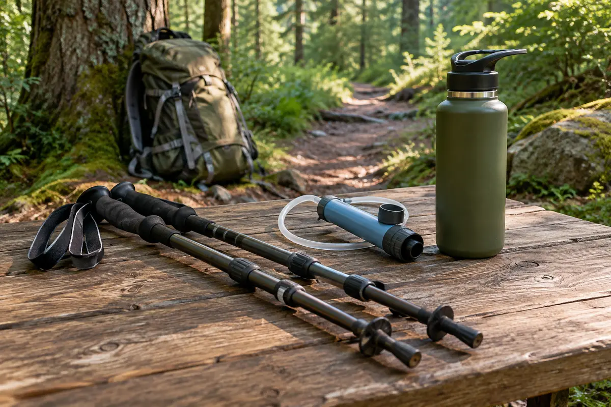 Bâtons de randonnée, filtre à eau et gourde réunis sur une table de camp