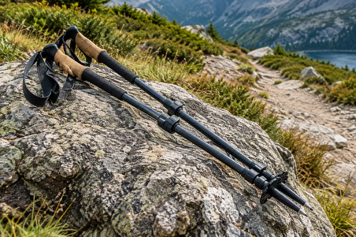 Paire de bâtons de randonnée réglables posée sur un rocher de montagne