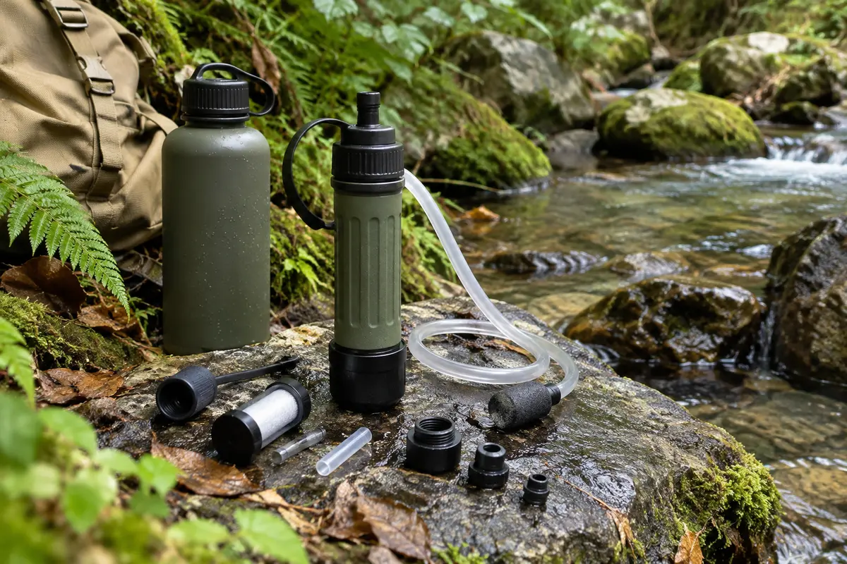 Filtre à eau portable présenté près d’une gourde au bord d’un ruisseau