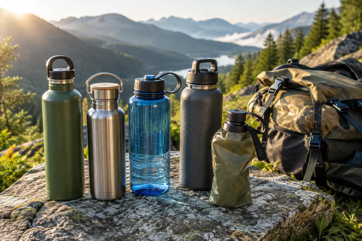 Gourdes de randonnée de plusieurs formats posées près d’un sac outdoor
