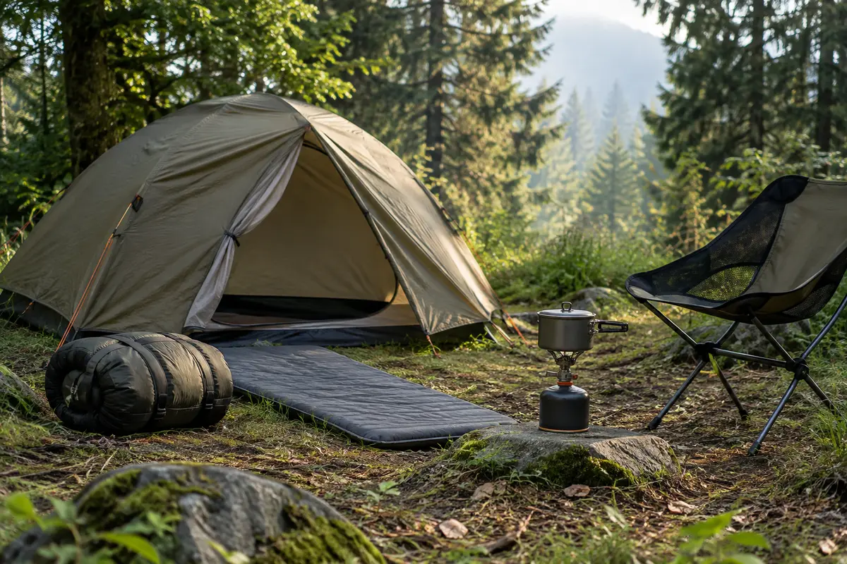 Tente, sac de couchage et équipement de bivouac posés dans une clairière