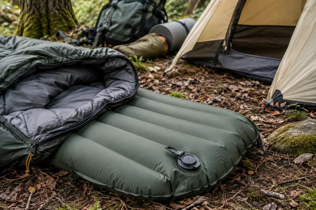 Matelas gonflable de bivouac installé près d’un sac de couchage