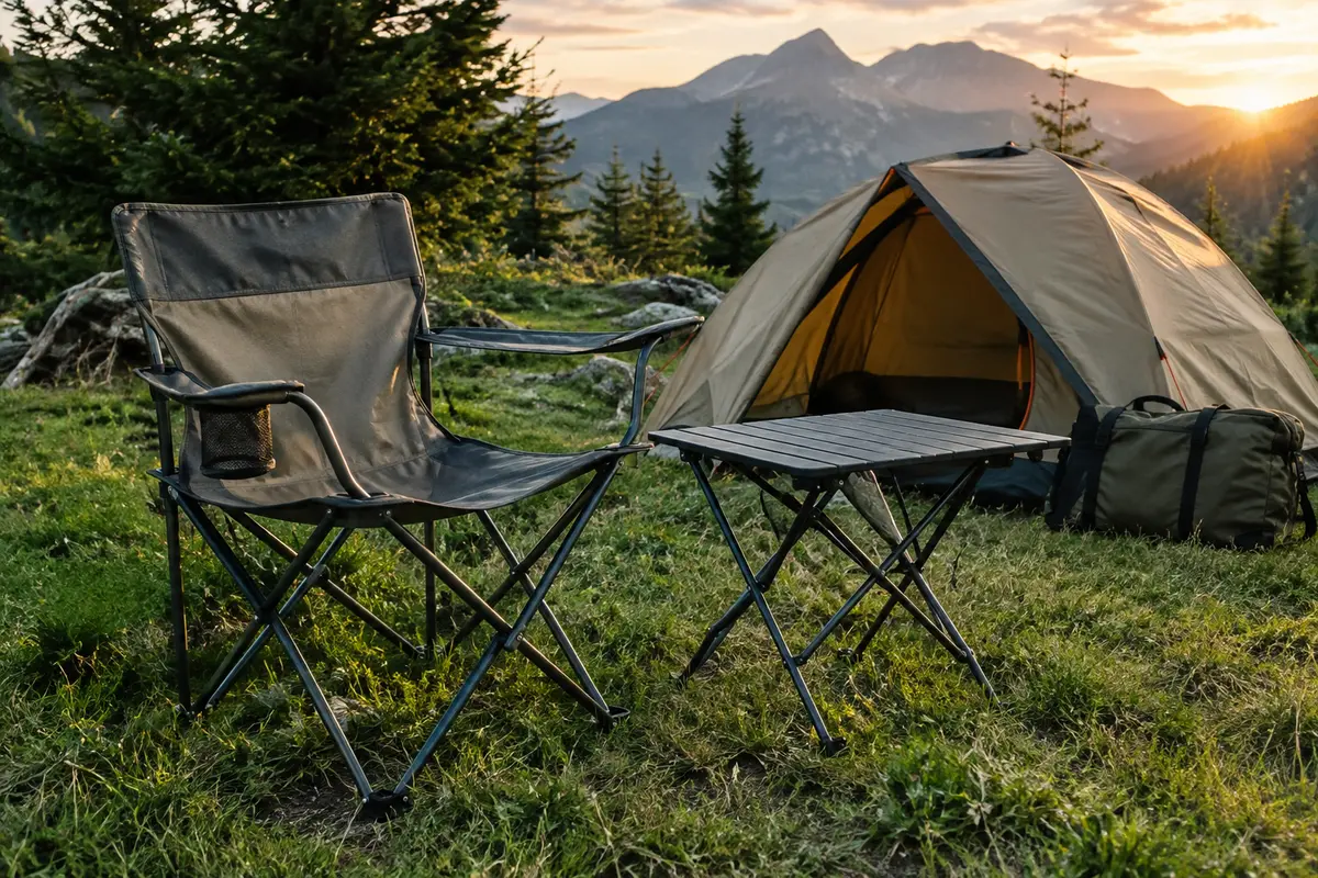 Chaise et table pliantes installées sur un emplacement de camping