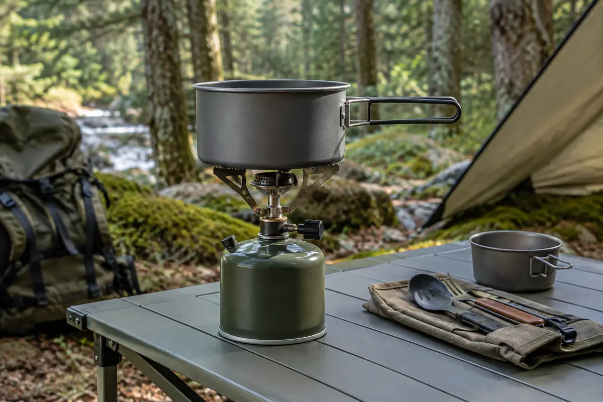 Réchaud portable et casserole posés sur une table de camping