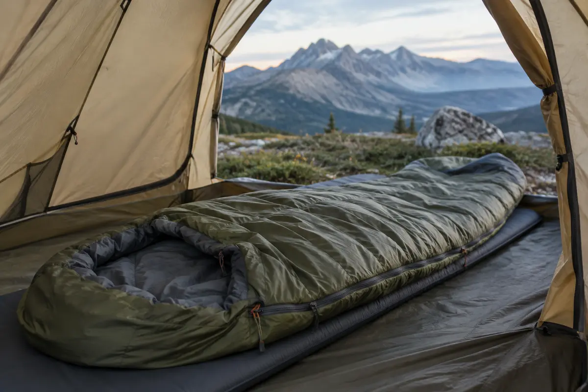 Sac de couchage déplié dans l’abside d’une tente de randonnée