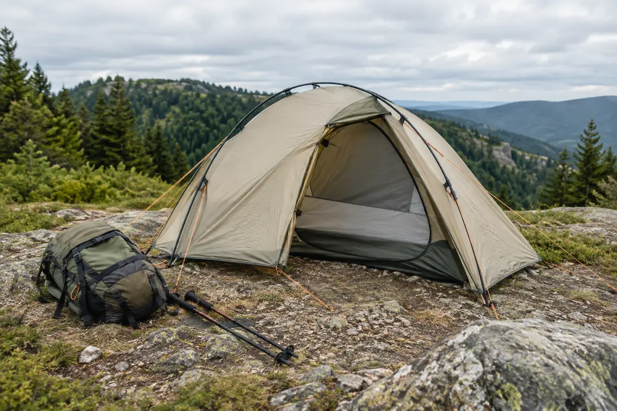 Tente compacte montée sur un replat de montagne au bord d’un sentier