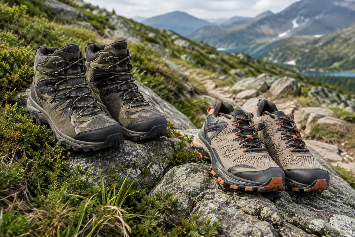 Chaussures de randonnée et chaussures de trail présentées sur un sentier