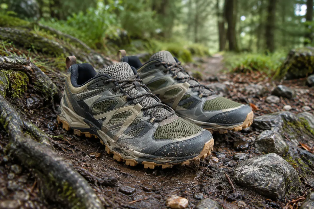 Chaussures de trail à crampons posées sur un chemin forestier