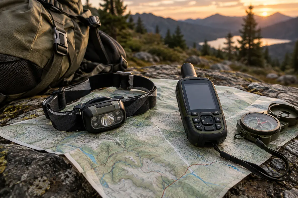 Lampe frontale et GPS posés sur une carte près d’un sac de randonnée