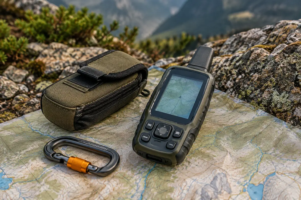 Appareil GPS de randonnée posé sur une carte topographique pliée