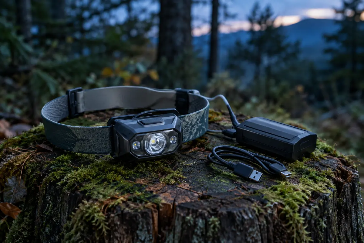 Lampe frontale de randonnée avec son bandeau posée sur une souche