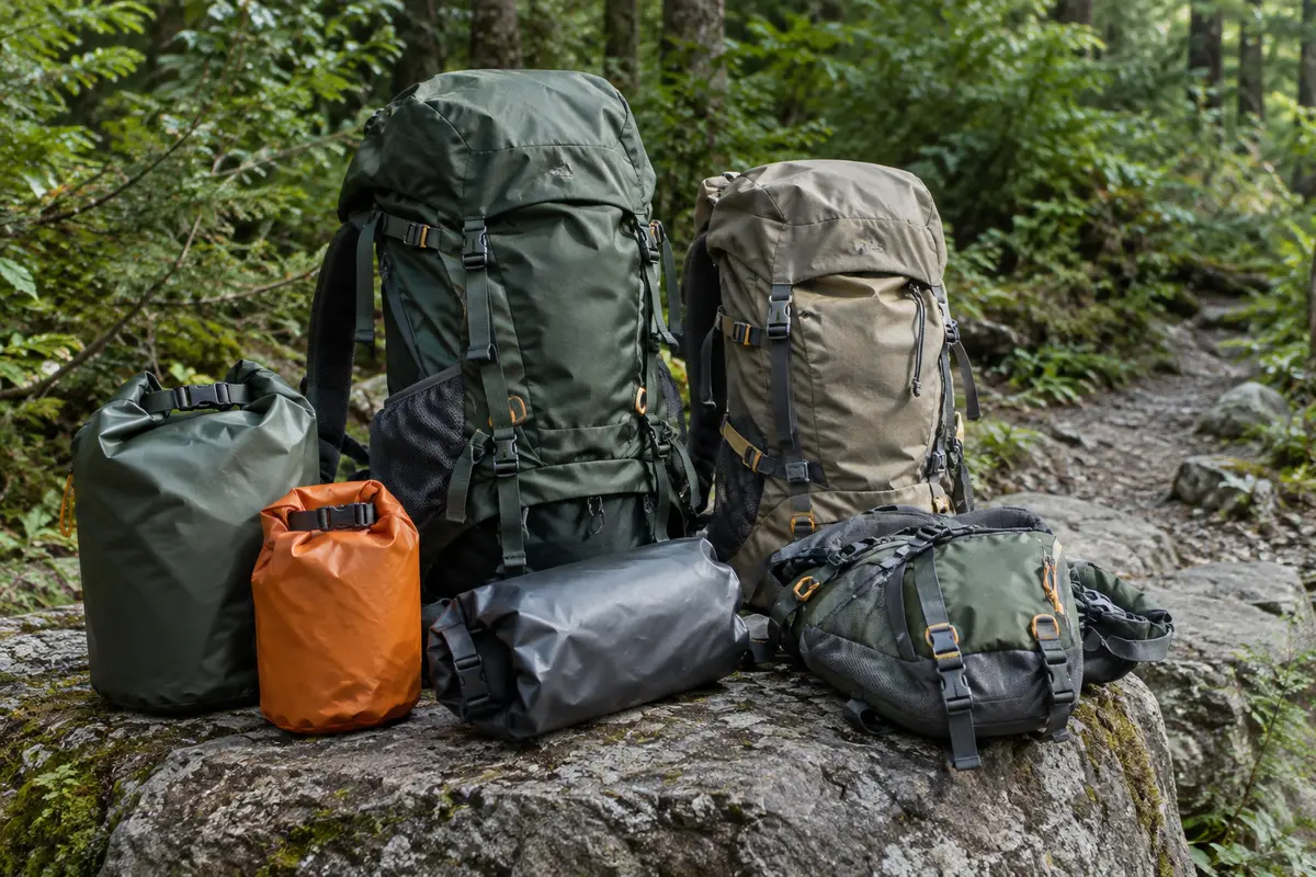 Sac à dos de randonnée et sacs étanches posés au bord d’un sentier
