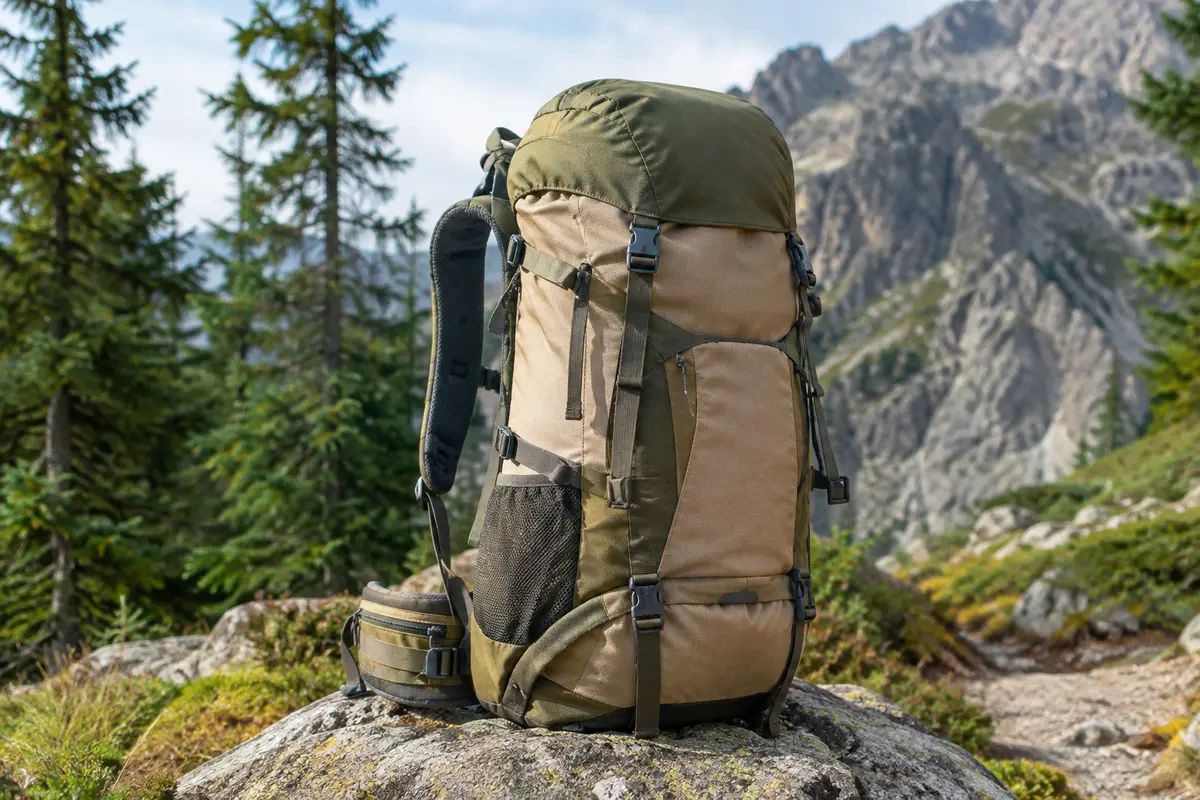 Sac à dos de randonnée équipé de poches et de sangles au bord d’un sentier