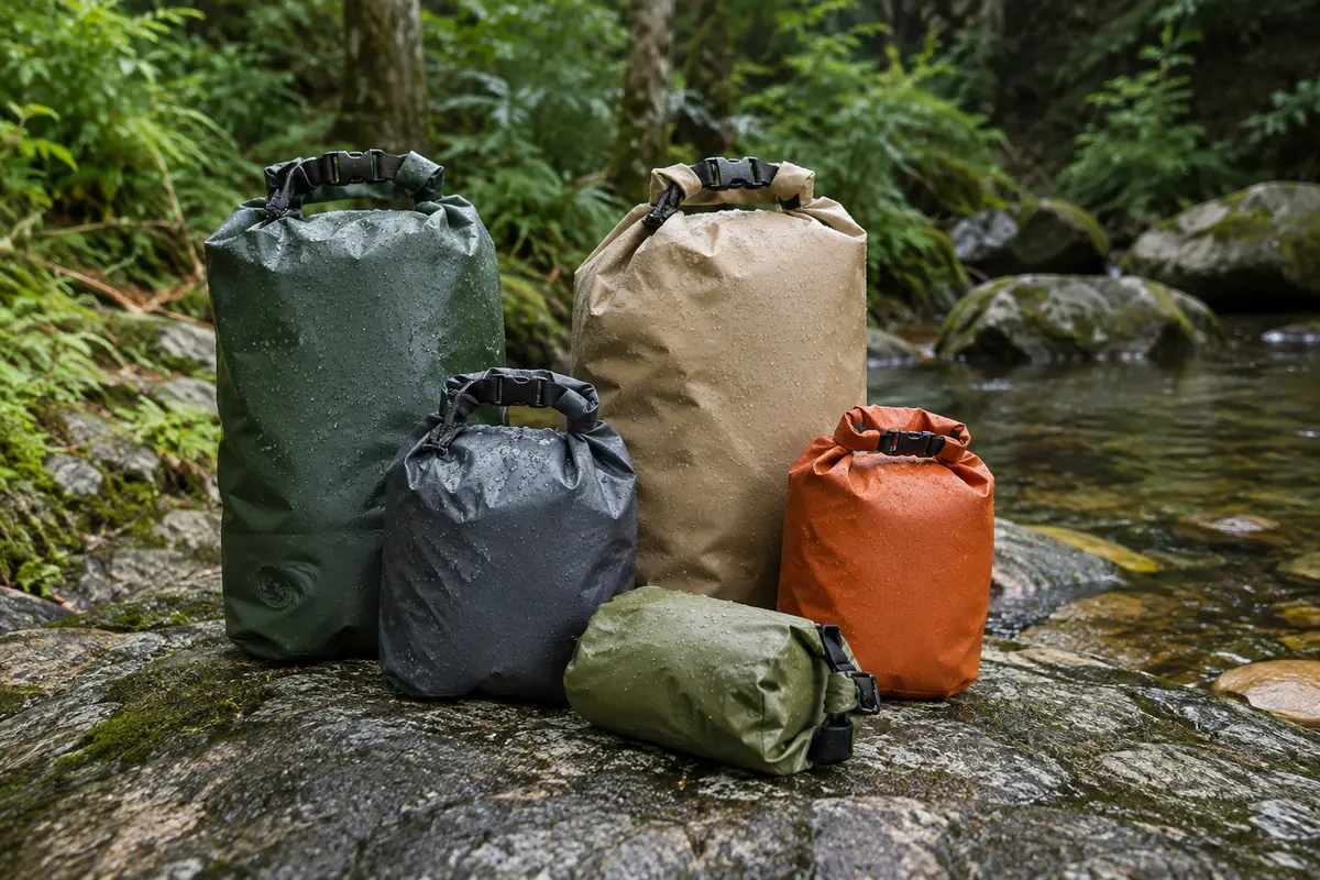 Sacs étanches de différents formats près d’un ruisseau en forêt