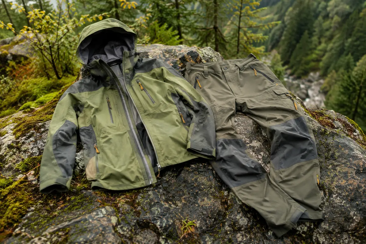 Veste imperméable et pantalon de randonnée exposés dans un décor forestier