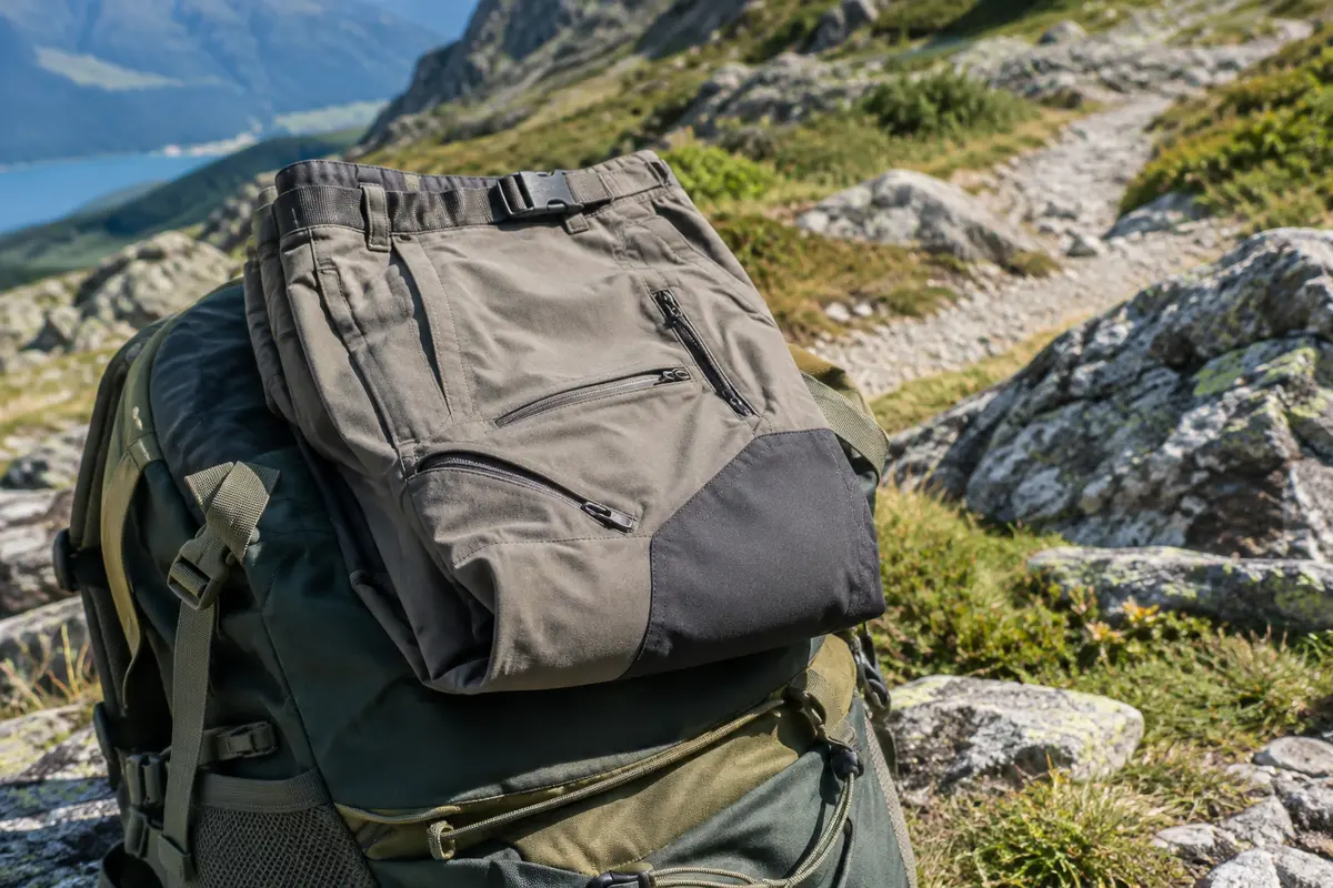 Pantalon de randonnée plié près d’un sac sur un sentier de montagne
