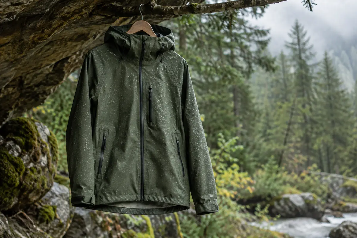 Veste imperméable de randonnée montrant sa capuche et ses fermetures