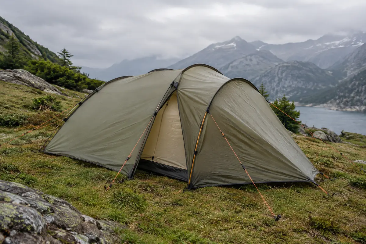Tente de randonnée tendue sur un terrain abrité, avec double-toit, arceaux et haubans visibles.