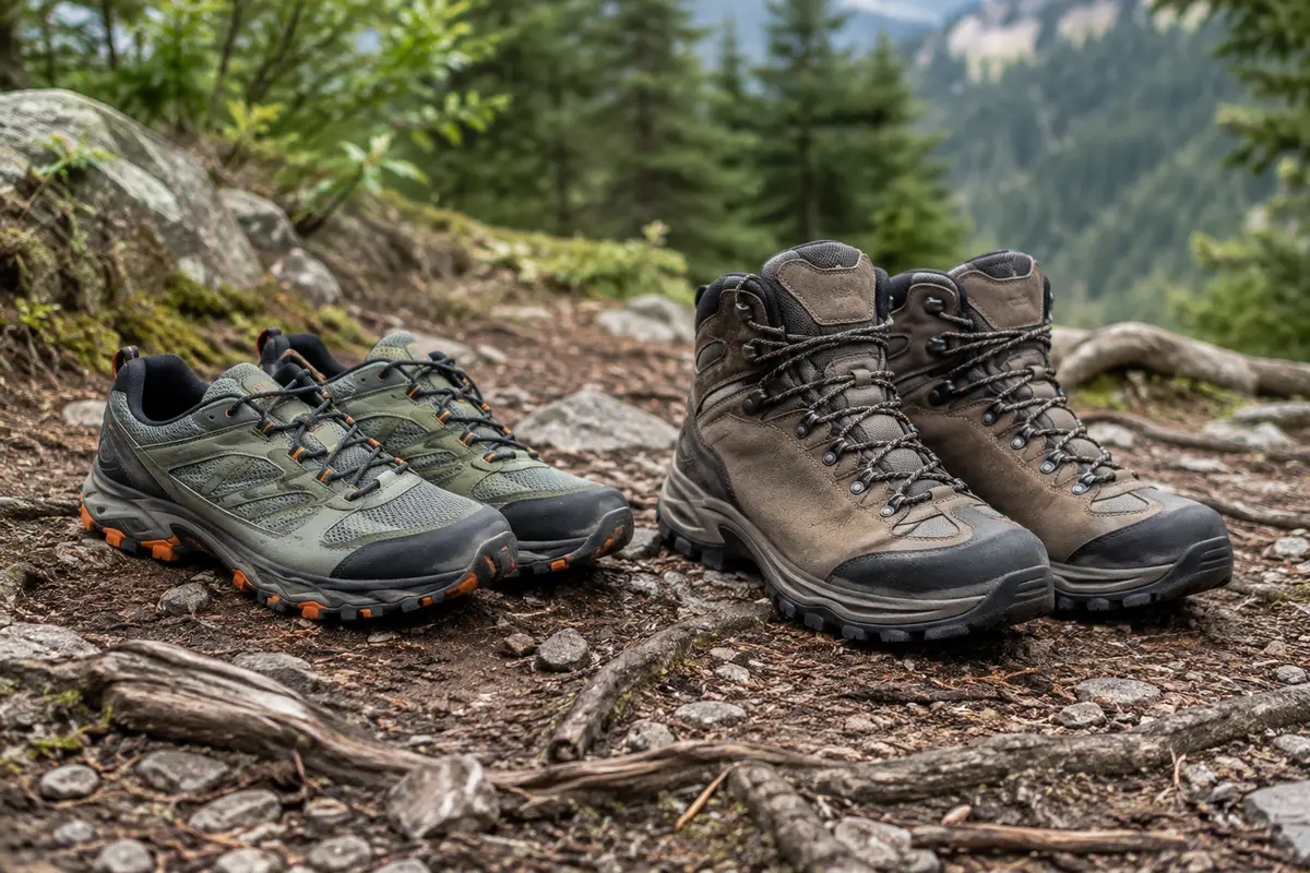 Deux chaussures de plein air comparées sur un sentier mêlant terre, racines et petits cailloux.