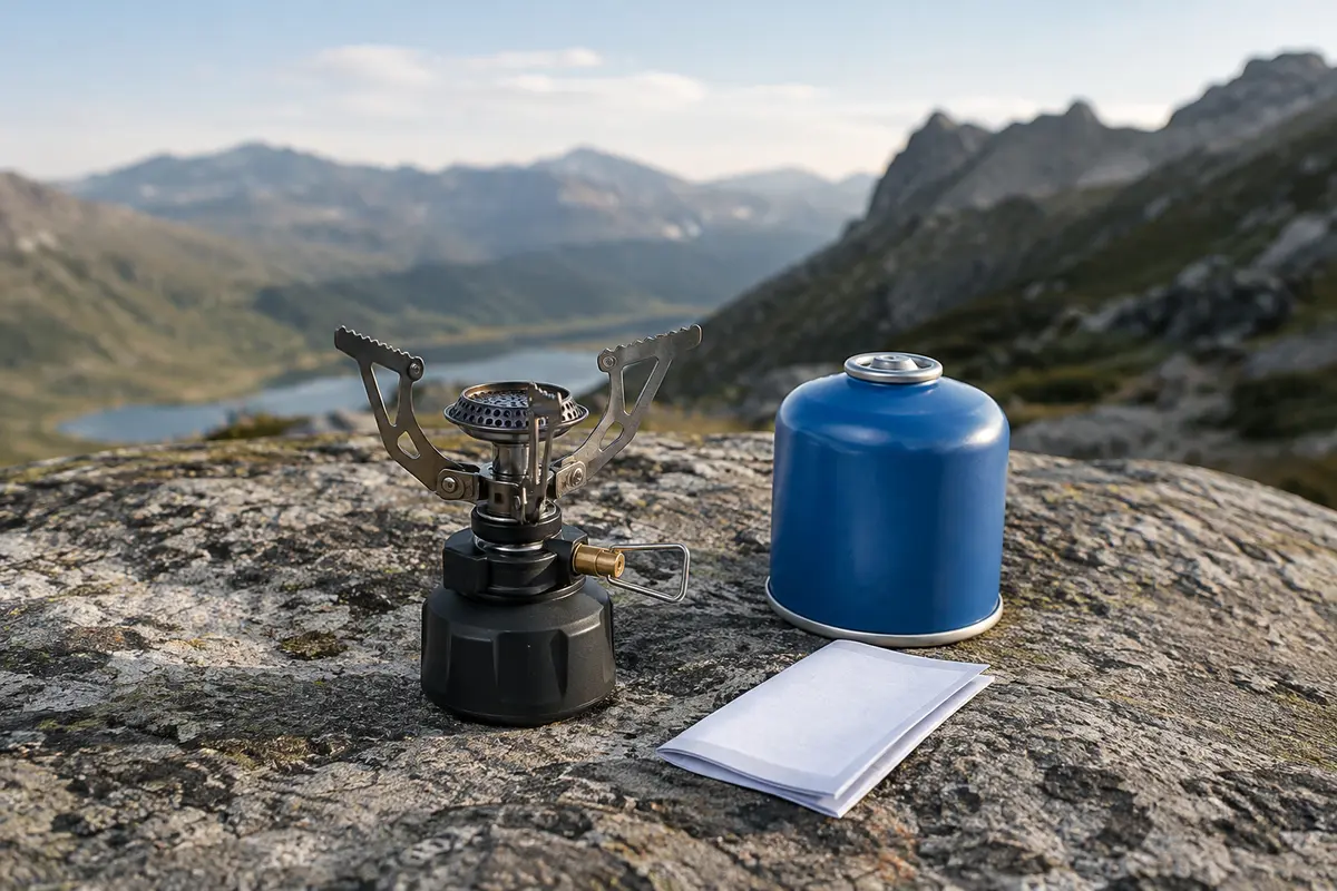 Réchaud de camping éteint et cartouche posés sur un sol stable, avec une notice à proximité
