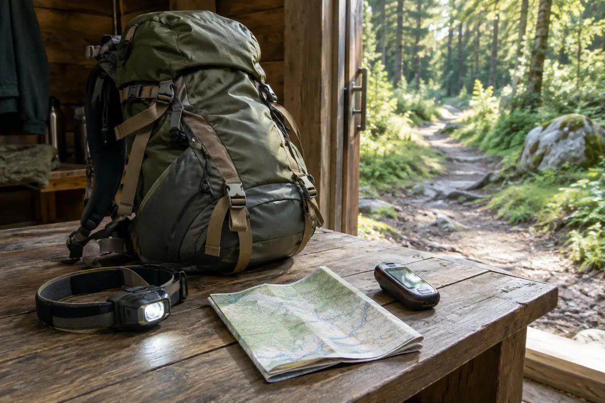Sac à dos, lampe frontale, carte et GPS réunis pour un contrôle avant une randonnée isolée