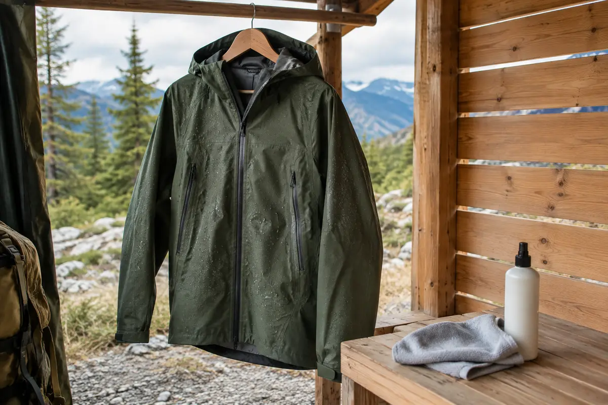 Veste imperméable de randonnée en train de sécher, avec des gouttes d’eau perlées sur le tissu extérieur.