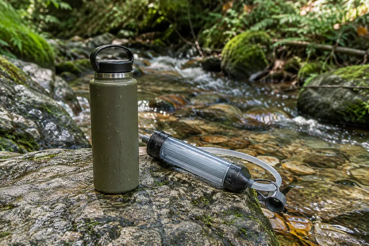 Filtre à eau portable et gourde posés près d’un ruisseau en forêt.