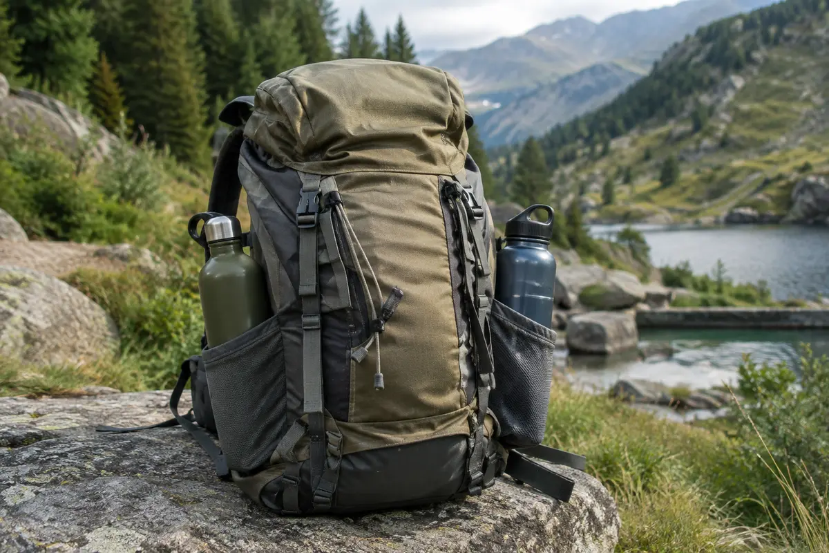 Sac de randonnée avec deux gourdes de formats différents, près d’un sentier de montagne