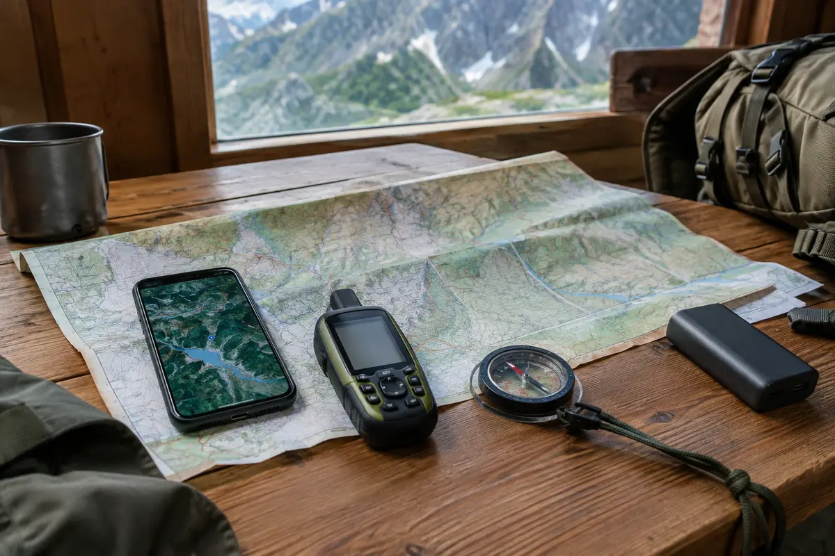 Carte topographique, smartphone et GPS de randonnée réunis pour préparer une navigation hors réseau.