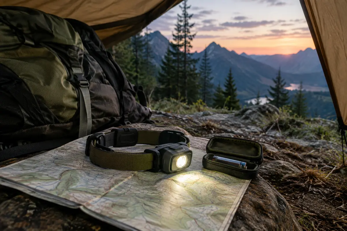 Lampe frontale et batterie de rechange posées sur une carte près d’un sac de randonnée au crépuscule