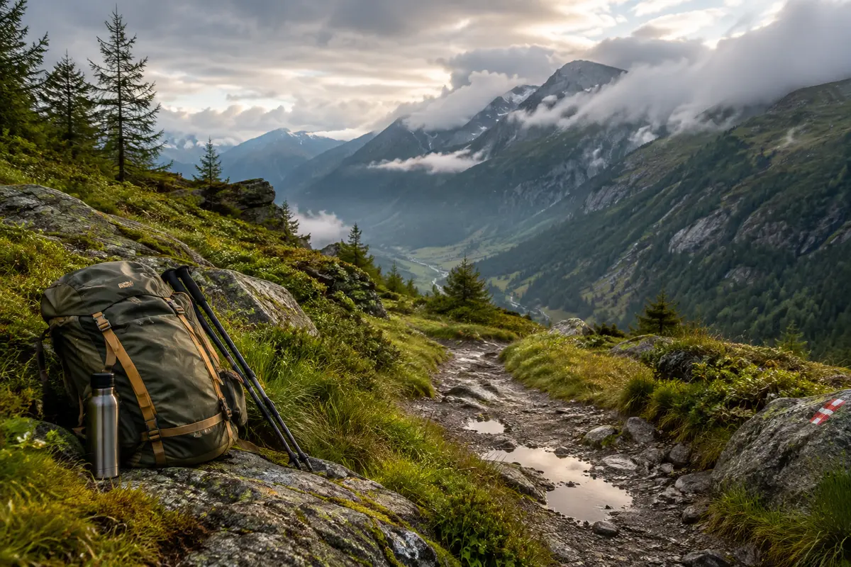 Sentier de montagne humide sous des nuages changeants, avec des sommets partiellement couverts.