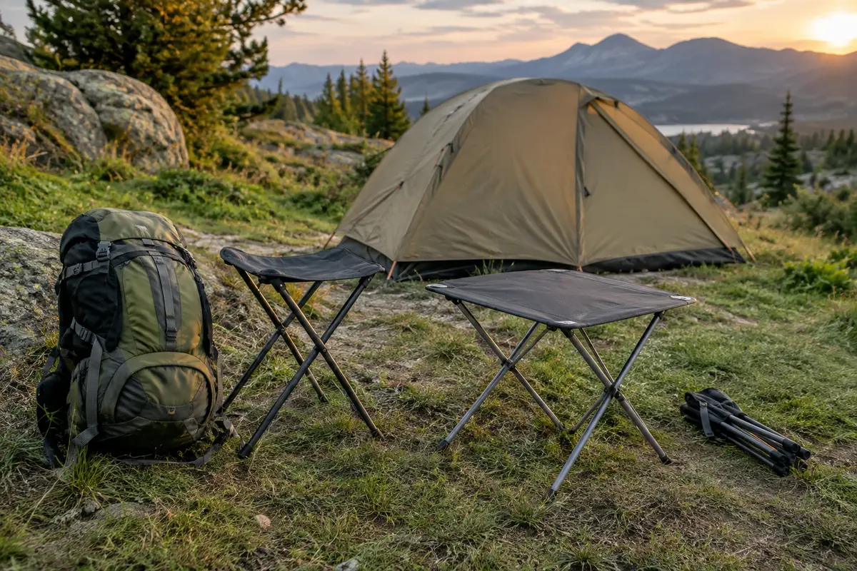 Tabouret pliant et petite table près d’un sac à dos et d’une tente de randonnée