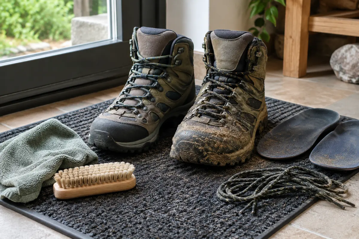Chaussures de randonnée boueuses en cours de nettoyage avec une brosse souple, un chiffon et les semelles retirées.