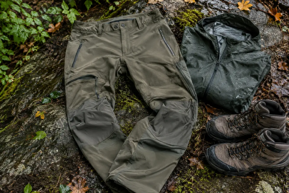 Pantalon de randonnée présenté avec une veste de pluie et des chaussures de marche sur un sol humide