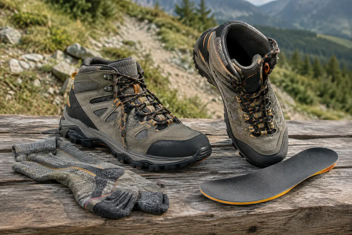 Chaussures de randonnée et chaussettes posées près d’un sentier en pente pour illustrer l’essayage