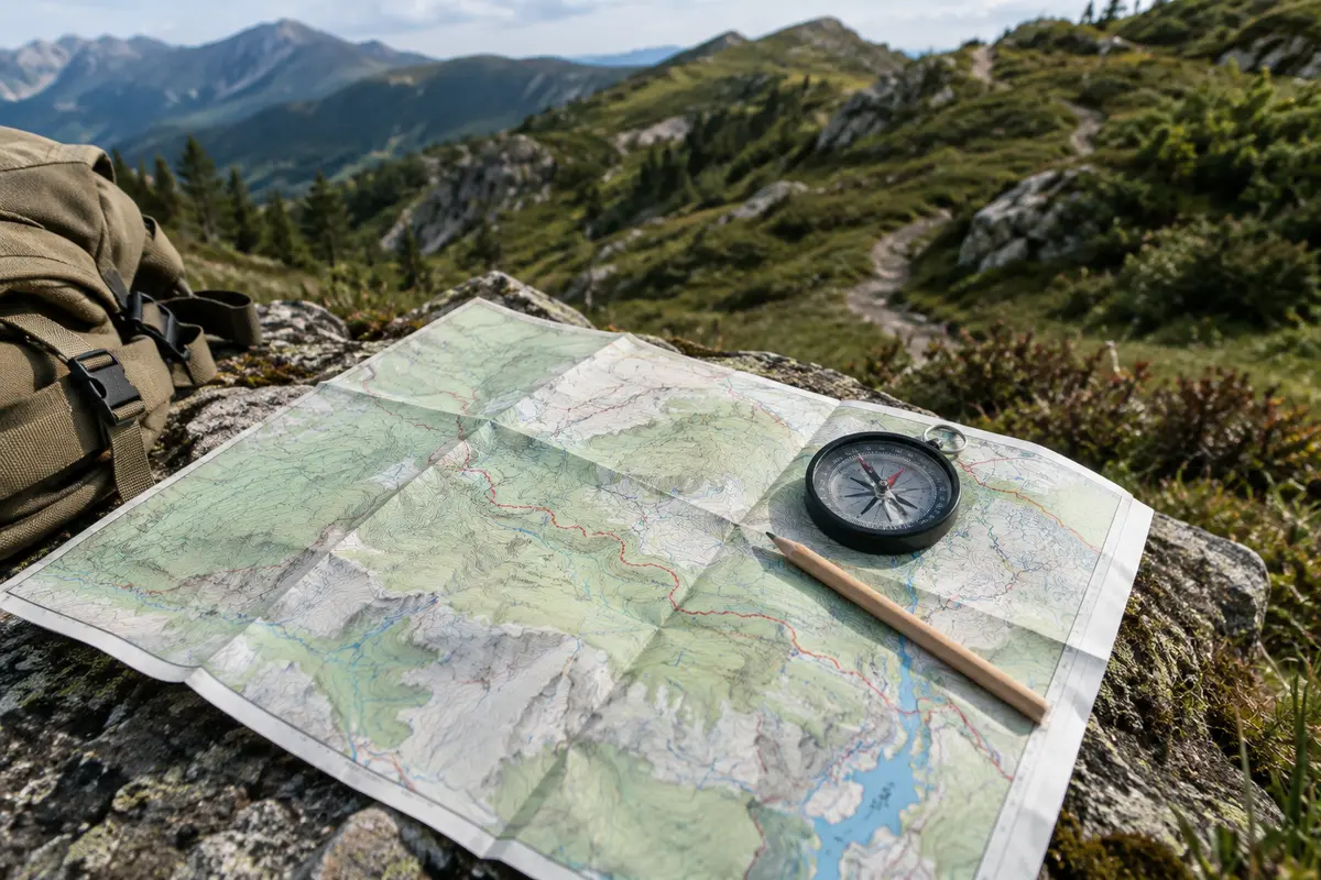 Carte topographique et boussole posées près d’un sentier de montagne pour préparer un itinéraire de randonnée.