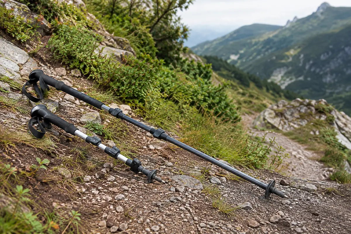 Deux bâtons de randonnée réglables posés sur un sentier pierreux entre montée et descente.