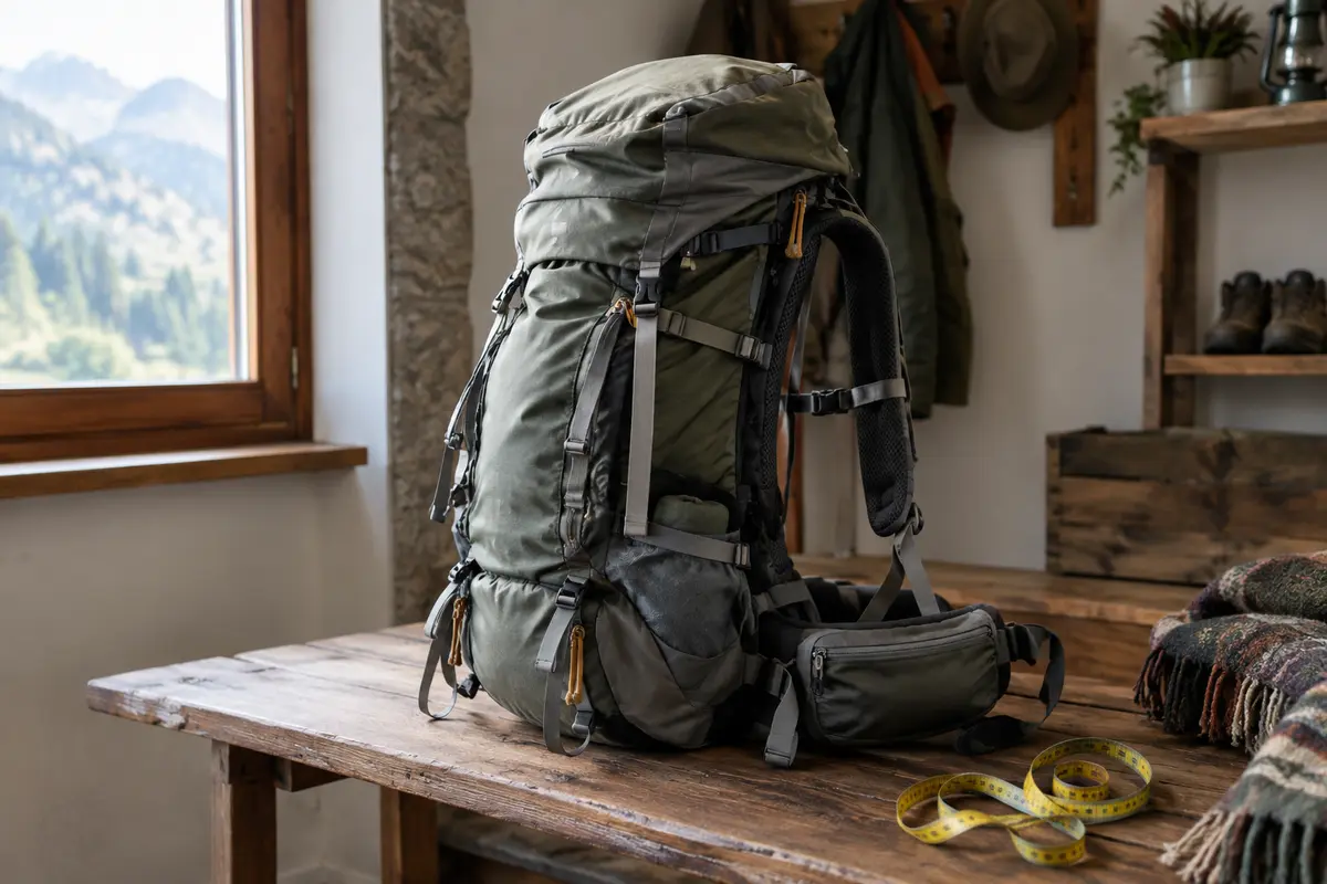 Sac de randonnée chargé avec bretelles et ceinture visibles, prêt pour un réglage avant la marche.