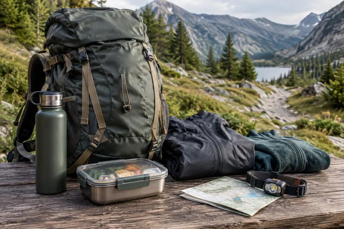 Sac de randonnée ouvert avec gourde, repas, veste et accessoires prêts pour une sortie à la journée