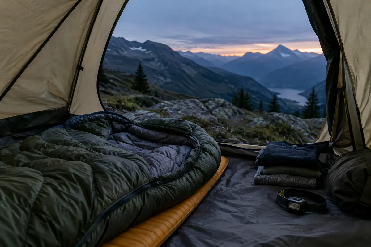Sac de couchage installé sur un matelas dans une tente de randonnée par une soirée fraîche
