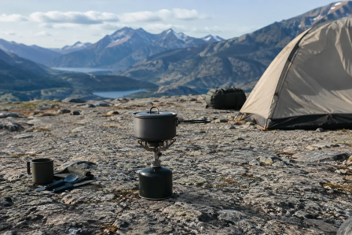 Réchaud de bivouac posé sur un sol stable, à l’extérieur et loin des matières inflammables
