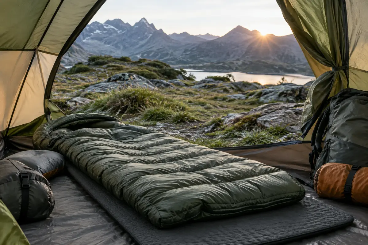 Matelas de bivouac installé dans une tente sur un terrain de montagne froid et humide