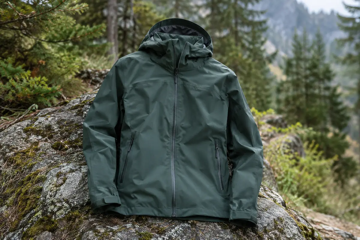 Veste de pluie pour femme à capuche repliable, présentée seule dans un sous-bois de montagne.