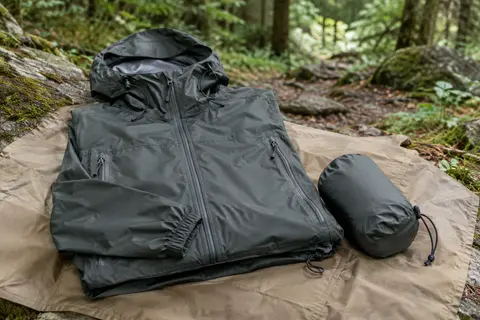 Veste de pluie pliable avec capuche réglable et poches zippées, posée dans un décor de sous-bois.