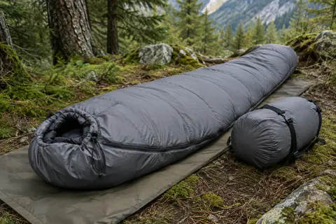 Sac de couchage sarcophage gris avec capuche et sac de compression posé dans un sous-bois