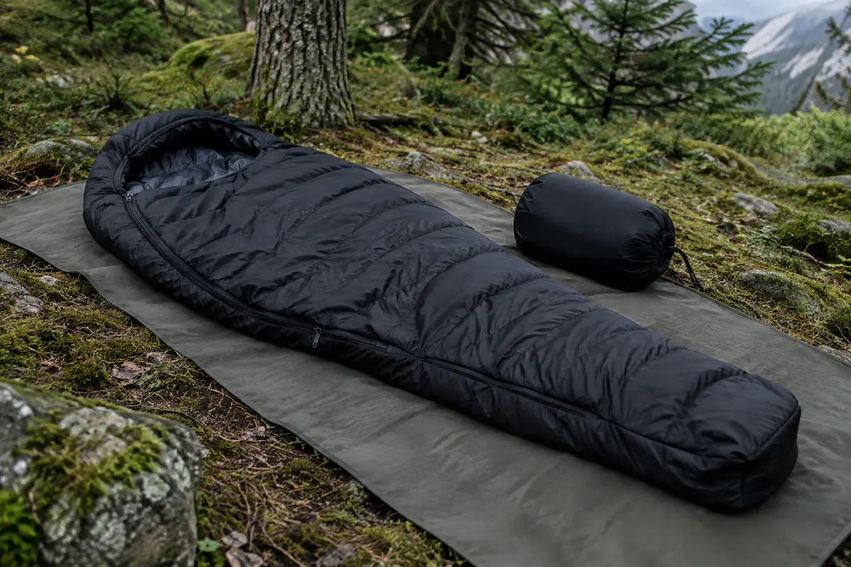 Sac de couchage sarcophage noir ouvert sur un tapis de bivouac, avec sa housse de transport dans un sous-bois.