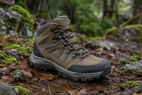 Chaussure de randonnée mi-montante en textile, à lacets et bout renforcé, posée sur un sol de sous-bois