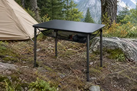 Table de camping pliante Anbte noire avec pieds en aluminium et filet de rangement sous le plateau