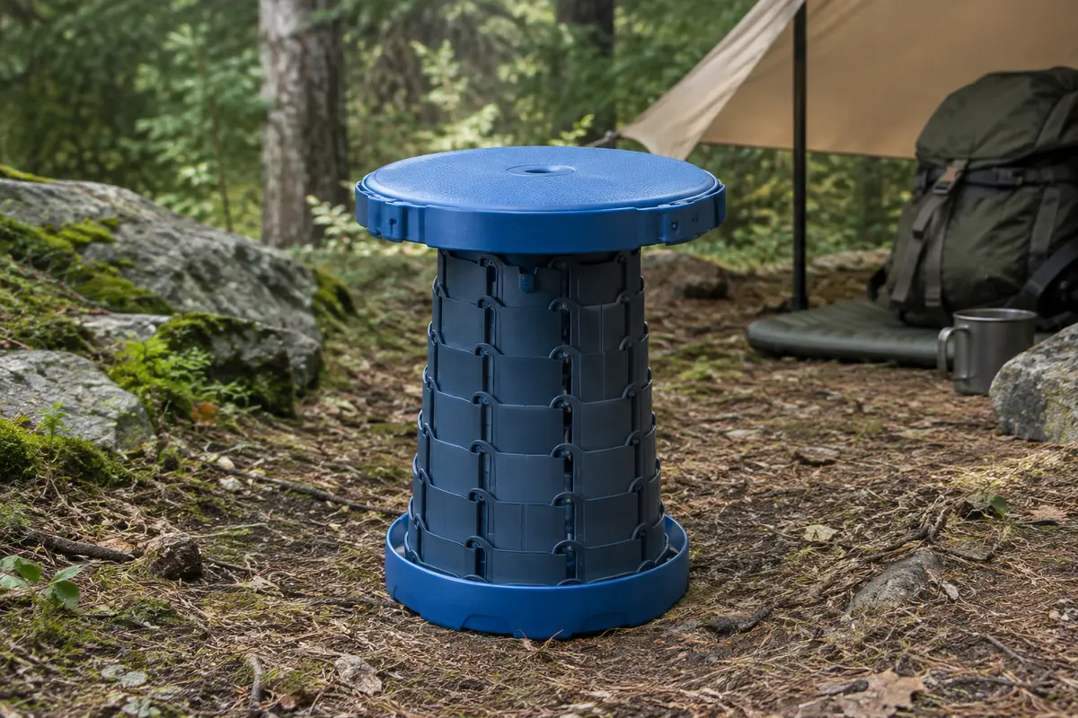 Tabouret pliant rond bleu déployé sur un sol de sous-bois, avec son mécanisme visible