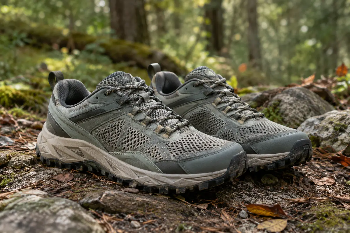 Paire de chaussures de trail pour femme posée sur un sol de sous-bois, avec semelle à relief visible